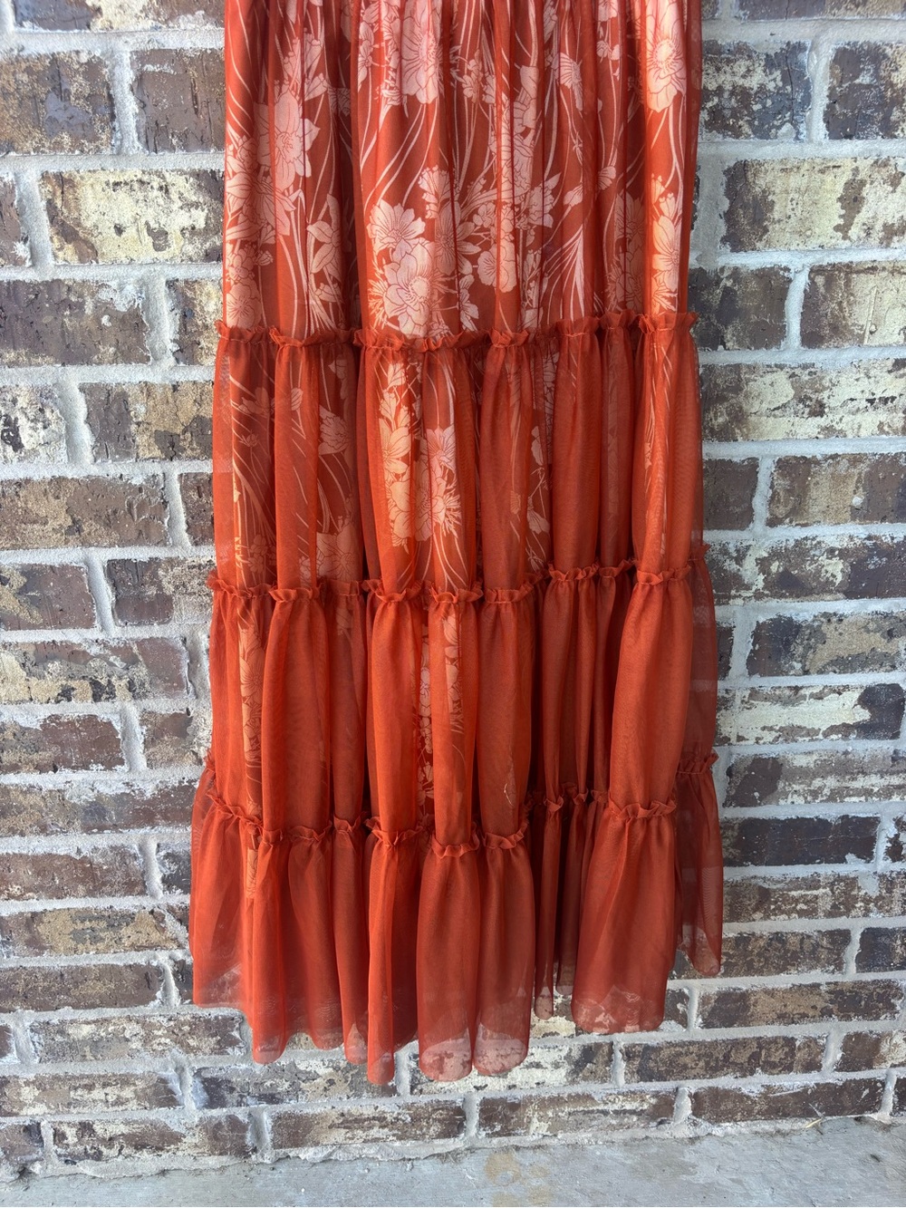 Gorgeous Baltic Born Terracotta Floral Midi Dress Smocked Ruffle Tiered Boho - Picture 3 of 11